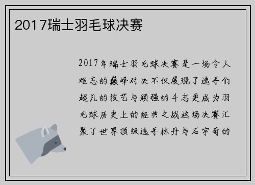 2017瑞士羽毛球决赛