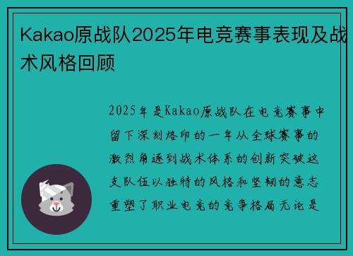 Kakao原战队2025年电竞赛事表现及战术风格回顾